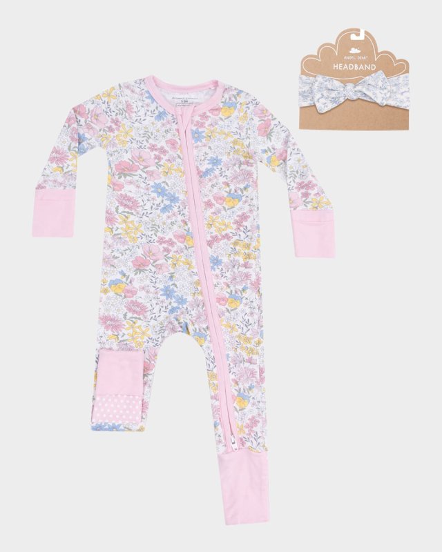 Girl's Viola Floral-Print Coverall W/ Headband, Size Newborn-24
